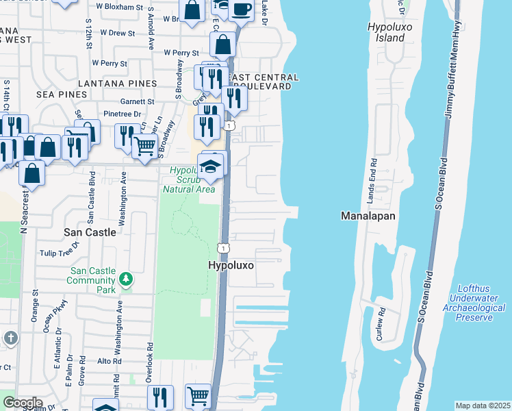 map of restaurants, bars, coffee shops, grocery stores, and more near 109 Park Lane East in Hypoluxo