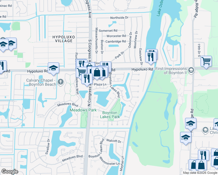 map of restaurants, bars, coffee shops, grocery stores, and more near 89 Buxton Lane in Boynton Beach