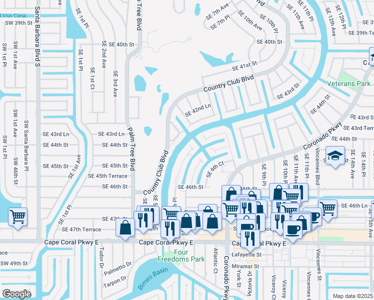 map of restaurants, bars, coffee shops, grocery stores, and more near 4520 Southeast 5th Place in Cape Coral