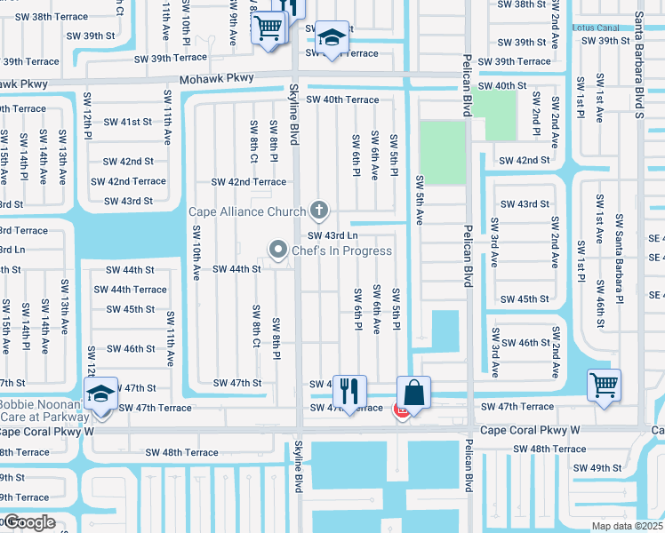 map of restaurants, bars, coffee shops, grocery stores, and more near 4401 Southwest 7th Avenue in Cape Coral