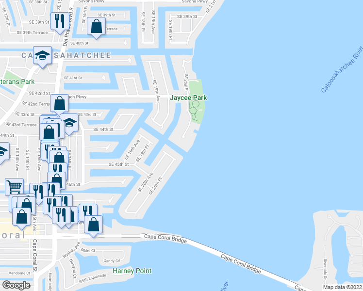 map of restaurants, bars, coffee shops, grocery stores, and more near 2021 Southeast 44th Street in Cape Coral