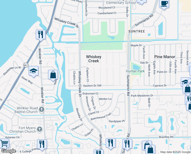 map of restaurants, bars, coffee shops, grocery stores, and more near 5586 Buring Court in Fort Myers