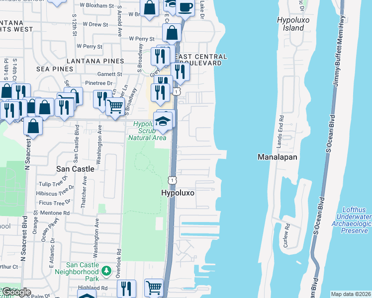 map of restaurants, bars, coffee shops, grocery stores, and more near 122 Barefoot Cove in Hypoluxo