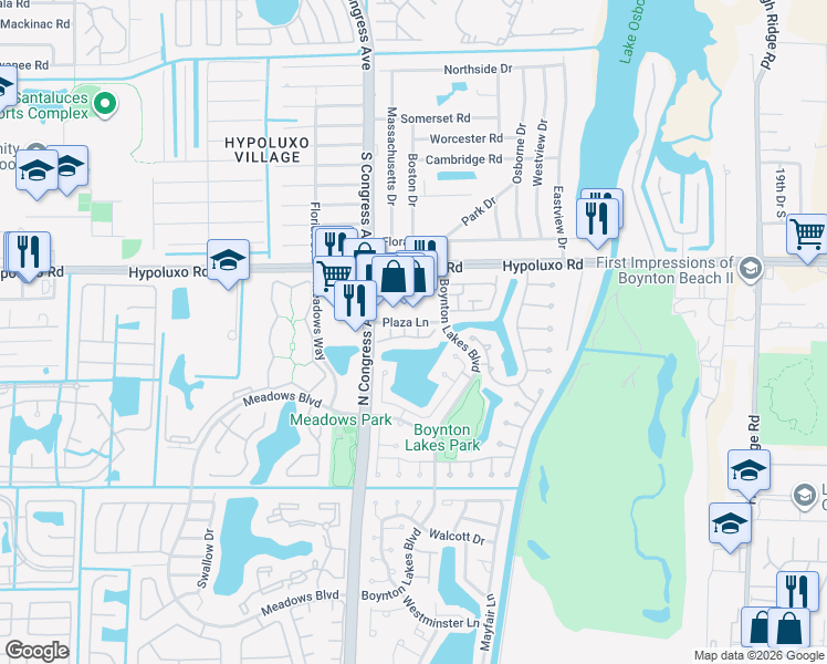 map of restaurants, bars, coffee shops, grocery stores, and more near 30 Desford Lane in Boynton Beach
