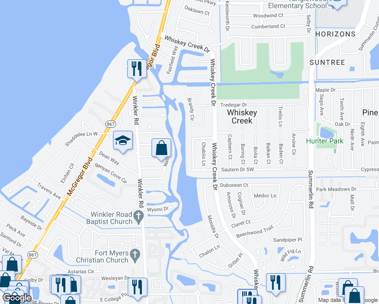map of restaurants, bars, coffee shops, grocery stores, and more near 5469 Beaujolais Lane in Fort Myers