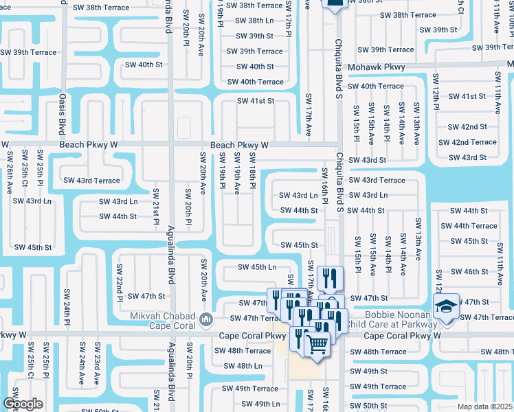 map of restaurants, bars, coffee shops, grocery stores, and more near 4402 Southwest 18th Place in Cape Coral