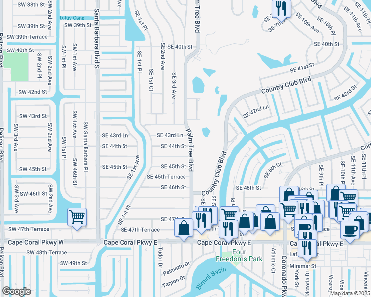 map of restaurants, bars, coffee shops, grocery stores, and more near 249 Southeast 44th Terrace in Cape Coral