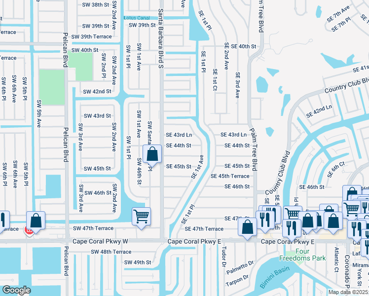 map of restaurants, bars, coffee shops, grocery stores, and more near 133 Southeast 44th Terrace in Cape Coral