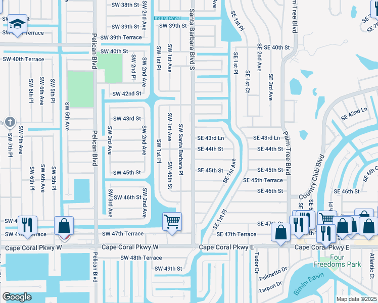 map of restaurants, bars, coffee shops, grocery stores, and more near 4411 Southwest Santa Barbara Place in Cape Coral