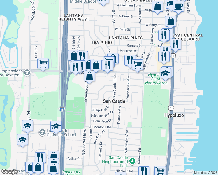 map of restaurants, bars, coffee shops, grocery stores, and more near 450 Plum Tree Drive in Lantana