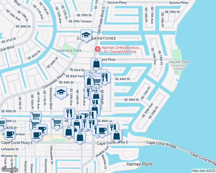 map of restaurants, bars, coffee shops, grocery stores, and more near 4423 Southeast 16th Place in Cape Coral