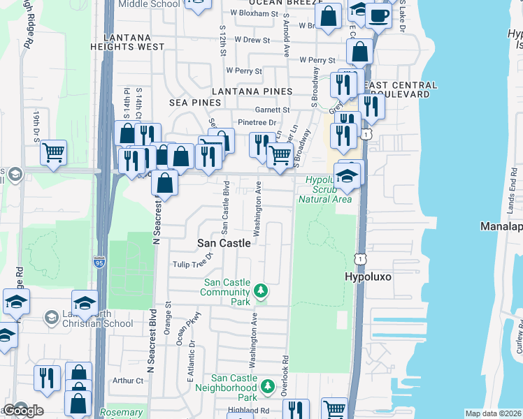 map of restaurants, bars, coffee shops, grocery stores, and more near 7138 Washington Avenue in Lantana