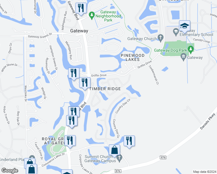 map of restaurants, bars, coffee shops, grocery stores, and more near 11731 Pine Timber Lane in Fort Myers