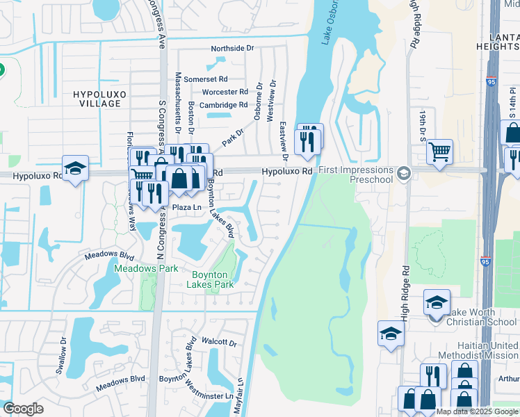 map of restaurants, bars, coffee shops, grocery stores, and more near 1 Thurlow Drive in Boynton Beach