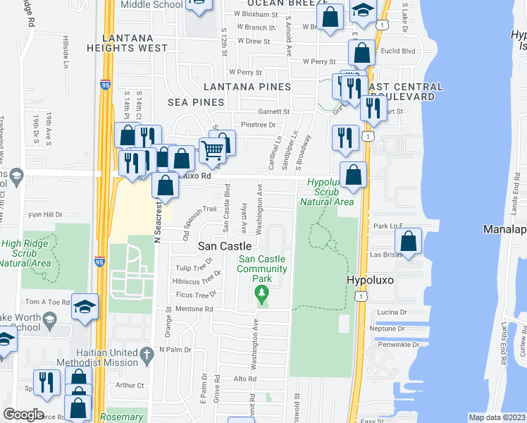 map of restaurants, bars, coffee shops, grocery stores, and more near 7138 Washington Avenue in Lantana