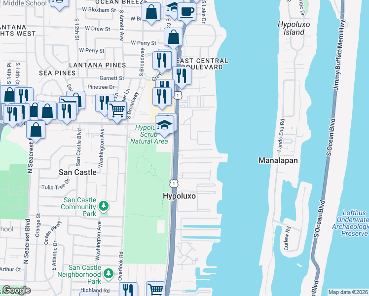 map of restaurants, bars, coffee shops, grocery stores, and more near 117 Barefoot Cove in Hypoluxo