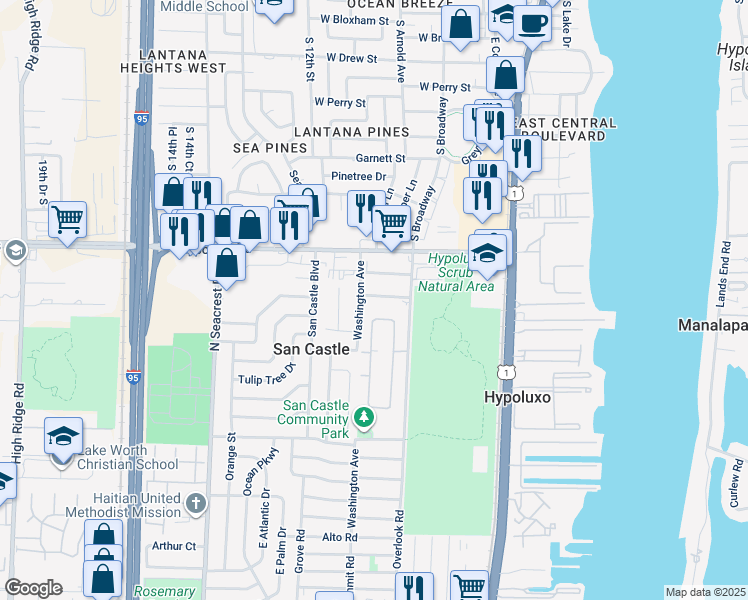 map of restaurants, bars, coffee shops, grocery stores, and more near 1092 Florence Road in Lantana