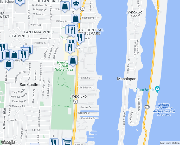map of restaurants, bars, coffee shops, grocery stores, and more near 153 Barefoot Cove in Lake Worth