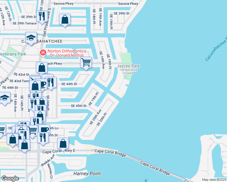 map of restaurants, bars, coffee shops, grocery stores, and more near 2021 Southeast 44th Street in Cape Coral