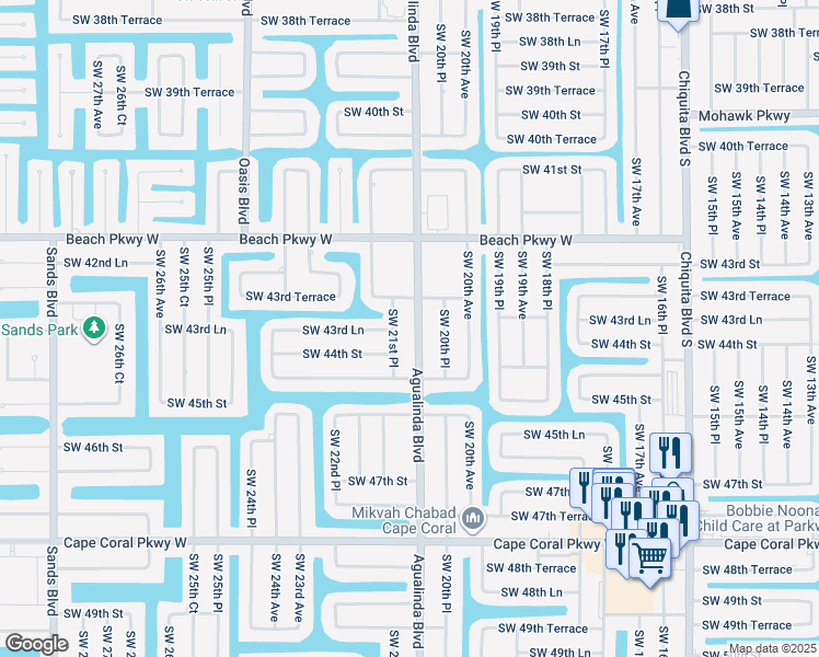 map of restaurants, bars, coffee shops, grocery stores, and more near 4357 Agualinda Boulevard in Cape Coral