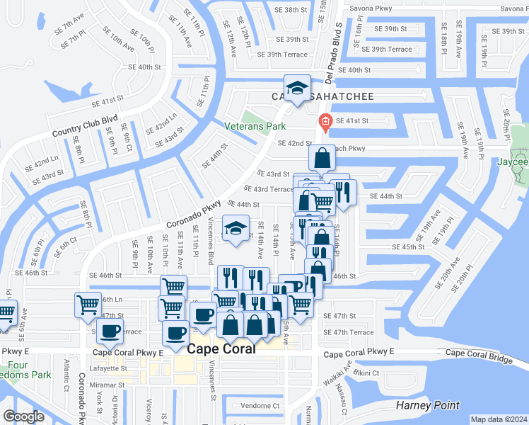 map of restaurants, bars, coffee shops, grocery stores, and more near 4405 Southeast 14th Avenue in Cape Coral
