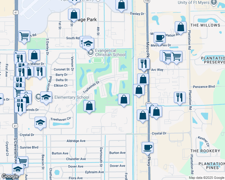 map of restaurants, bars, coffee shops, grocery stores, and more near 5860 Trailwinds Drive in Fort Myers