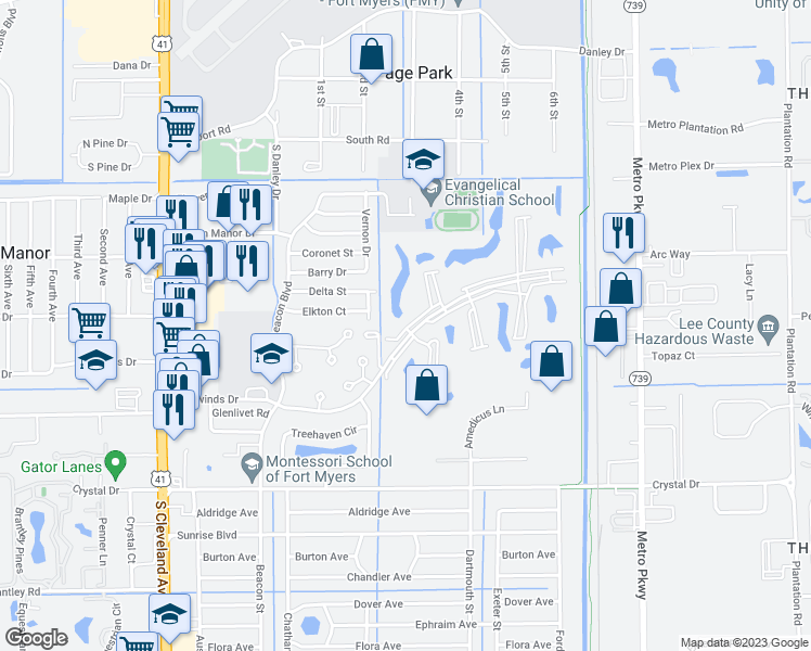 map of restaurants, bars, coffee shops, grocery stores, and more near 5635 Trailwinds Drive in Fort Myers