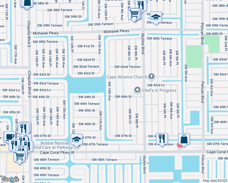 map of restaurants, bars, coffee shops, grocery stores, and more near 4321 Southwest 9th Place in Cape Coral