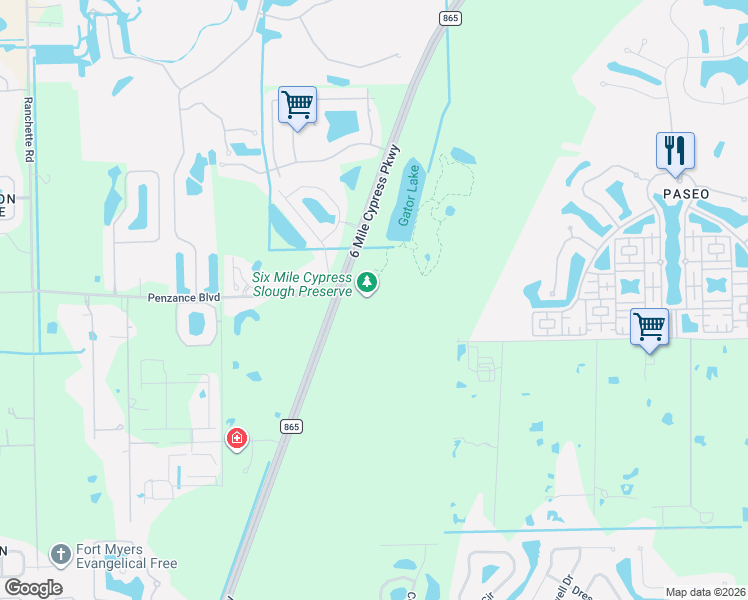 map of restaurants, bars, coffee shops, grocery stores, and more near 7751 Penzance Boulevard in Fort Myers