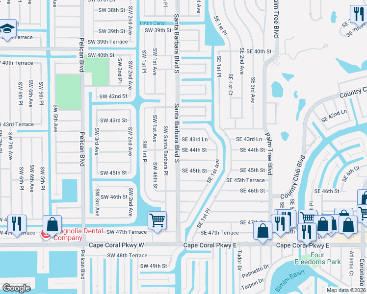 map of restaurants, bars, coffee shops, grocery stores, and more near 110 Southeast 43rd Lane in Cape Coral