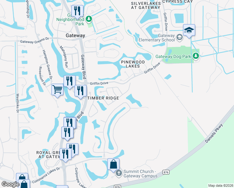 map of restaurants, bars, coffee shops, grocery stores, and more near 11714 Grey Timber Lane in Fort Myers