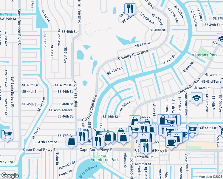map of restaurants, bars, coffee shops, grocery stores, and more near 521 Southeast 43rd Street in Cape Coral