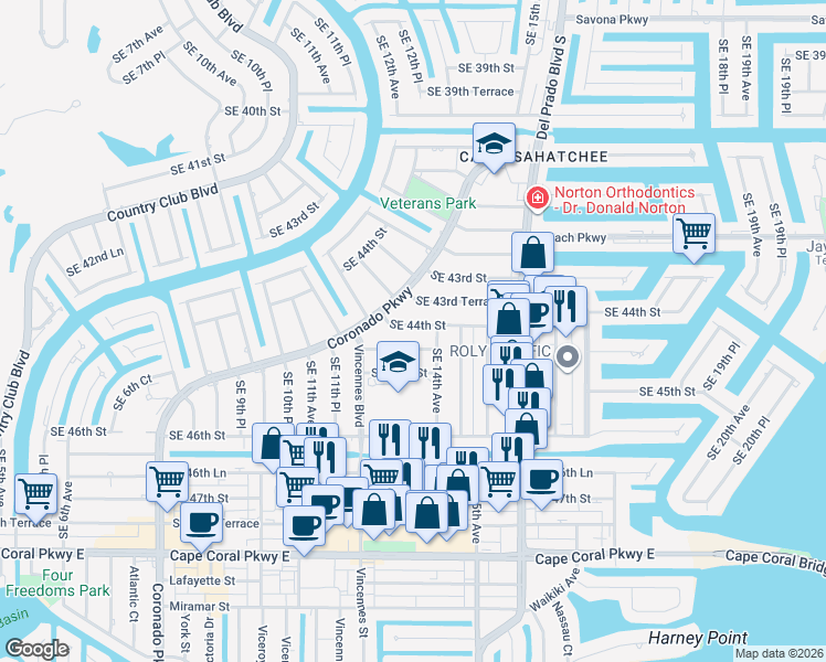 map of restaurants, bars, coffee shops, grocery stores, and more near 1320 Southeast 44th Street in Cape Coral