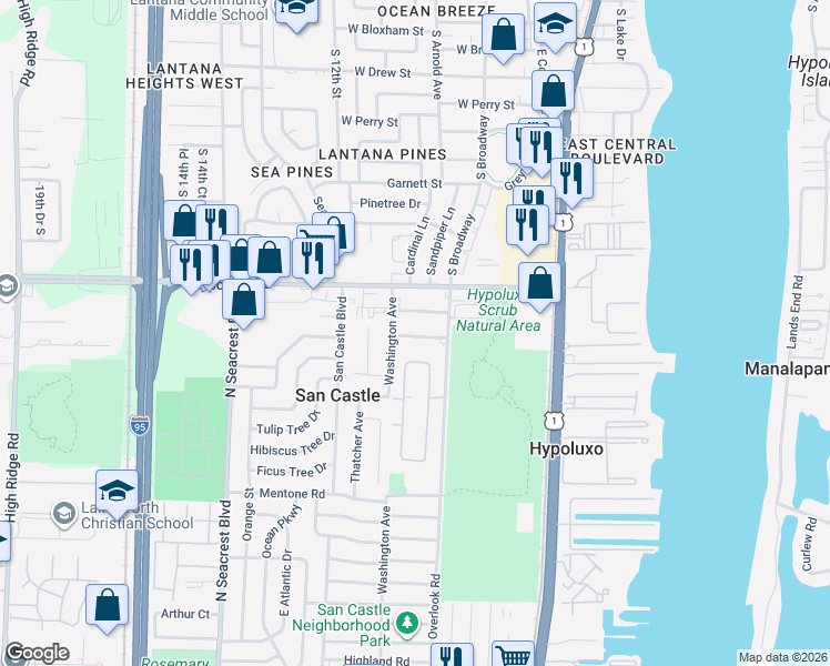 map of restaurants, bars, coffee shops, grocery stores, and more near 1092 James Road in Lantana