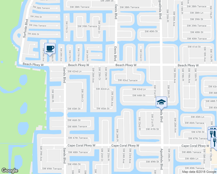 map of restaurants, bars, coffee shops, grocery stores, and more near 2511 Southwest 43rd Lane in Cape Coral