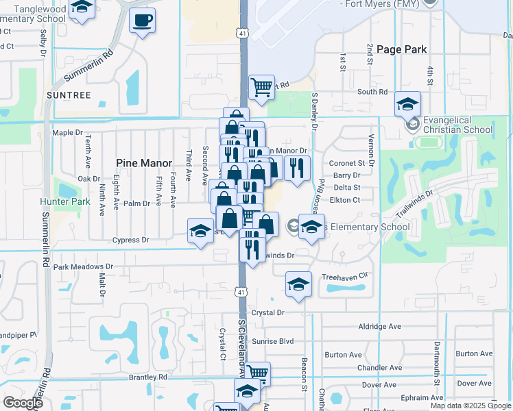map of restaurants, bars, coffee shops, grocery stores, and more near 11621 South Cleveland Avenue in Fort Myers