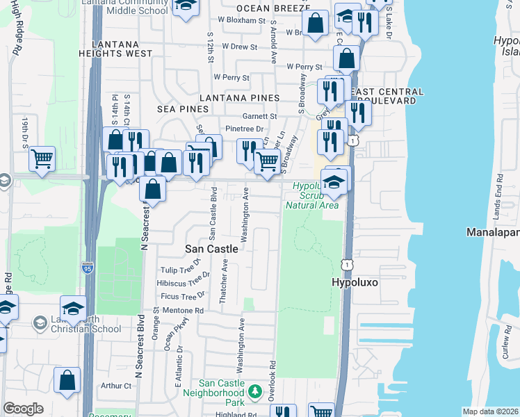map of restaurants, bars, coffee shops, grocery stores, and more near 1092 James Road in Lantana