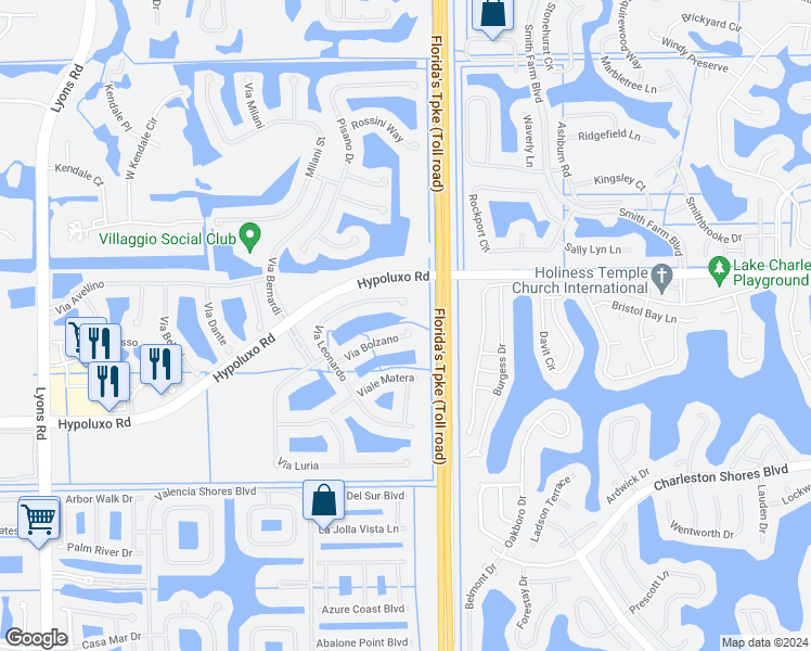 map of restaurants, bars, coffee shops, grocery stores, and more near 8049 Via Bolzano in Lake Worth