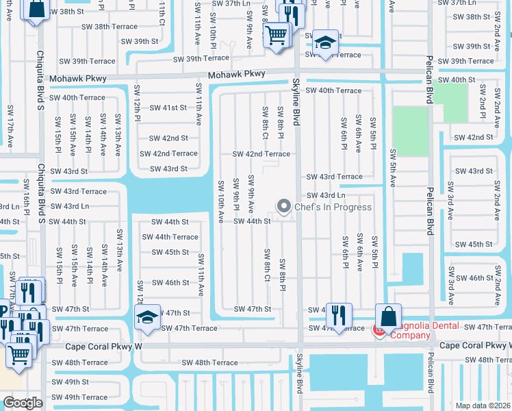 map of restaurants, bars, coffee shops, grocery stores, and more near 4324 Southwest 9th Avenue in Cape Coral