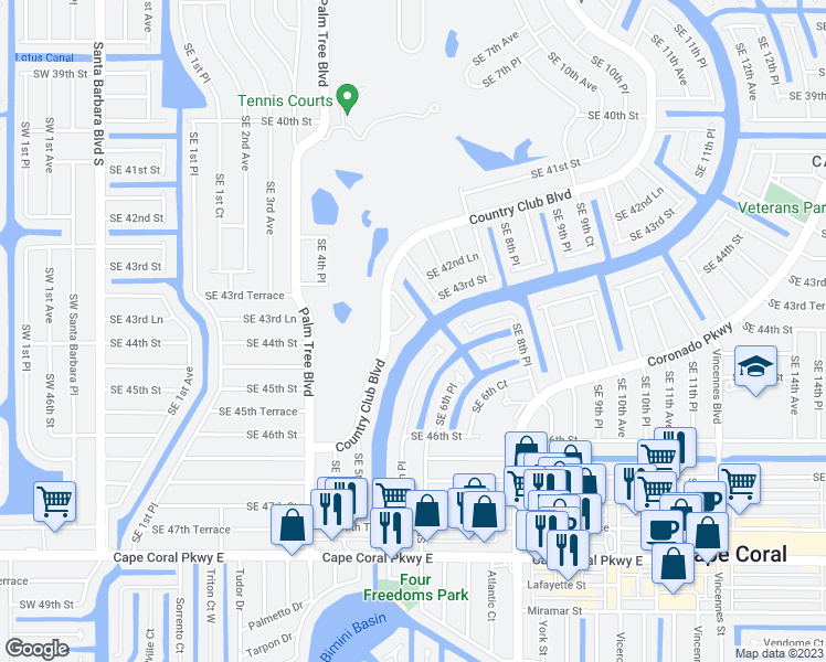 map of restaurants, bars, coffee shops, grocery stores, and more near 521 Southeast 43rd Street in Cape Coral