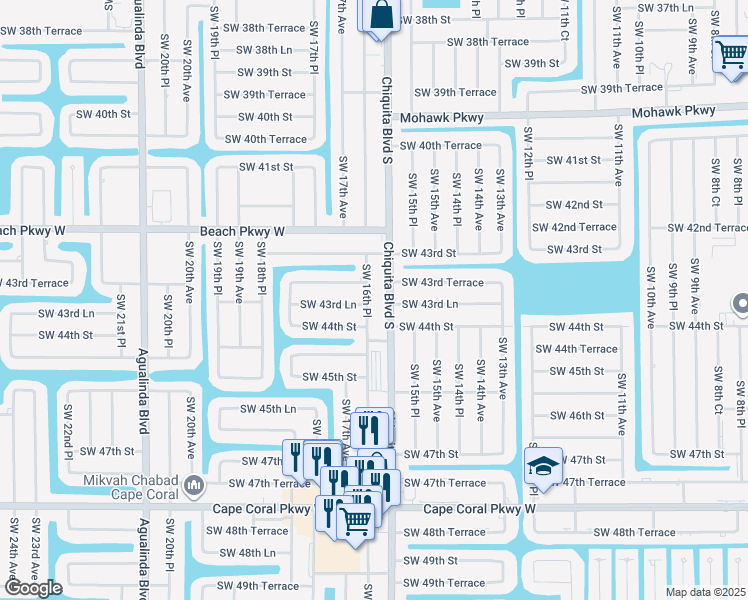 map of restaurants, bars, coffee shops, grocery stores, and more near 1614 Southwest 43rd Terrace in Cape Coral