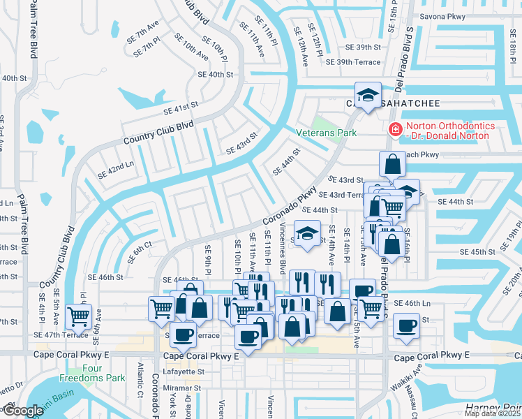 map of restaurants, bars, coffee shops, grocery stores, and more near 4435 Southeast 11th Place in Cape Coral
