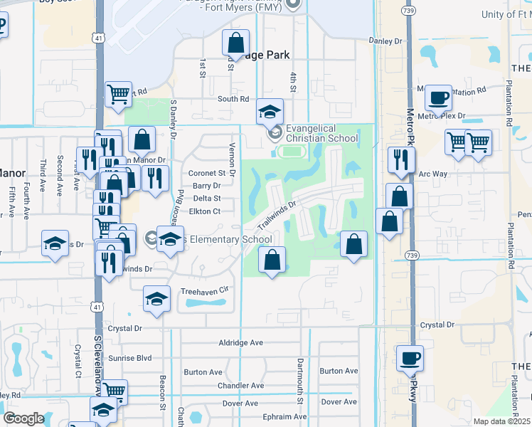 map of restaurants, bars, coffee shops, grocery stores, and more near 5585 Trailwinds Drive in Fort Myers