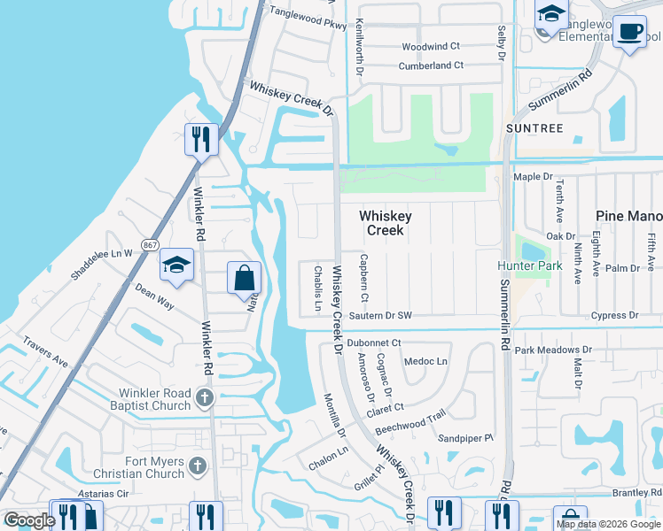 map of restaurants, bars, coffee shops, grocery stores, and more near 1398 Burgundy Drive in Fort Myers
