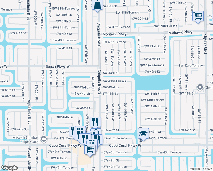 map of restaurants, bars, coffee shops, grocery stores, and more near 1526 Southwest 43rd Terrace in Cape Coral