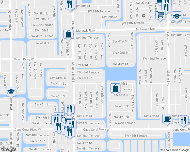 map of restaurants, bars, coffee shops, grocery stores, and more near 1403 Southwest 43rd Lane in Cape Coral