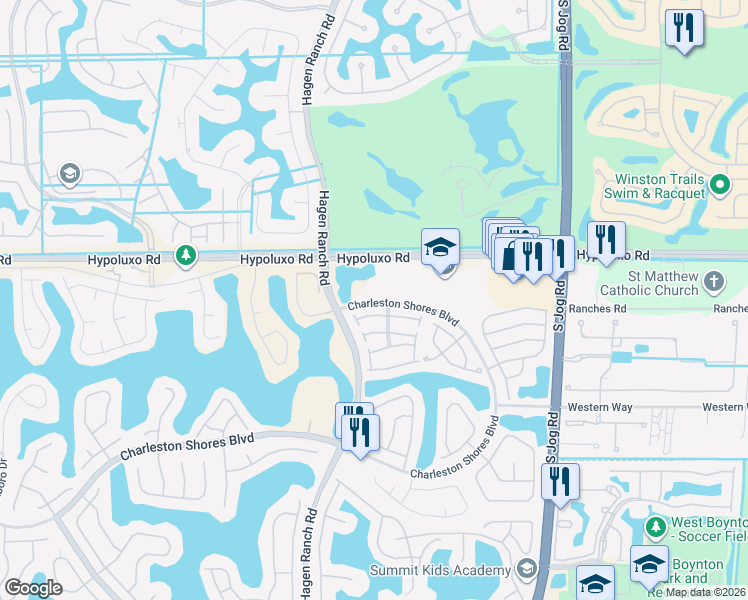 map of restaurants, bars, coffee shops, grocery stores, and more near 7001 Charleston Shores Boulevard in Lake Worth
