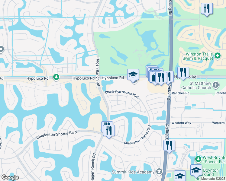 map of restaurants, bars, coffee shops, grocery stores, and more near 7001 Charleston Shores Boulevard in Lake Worth