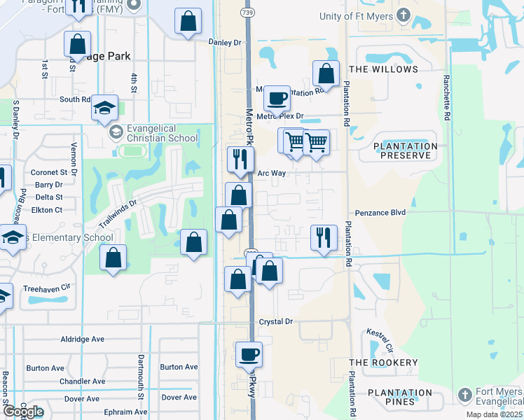 map of restaurants, bars, coffee shops, grocery stores, and more near 11857 Metro Parkway in Fort Myers