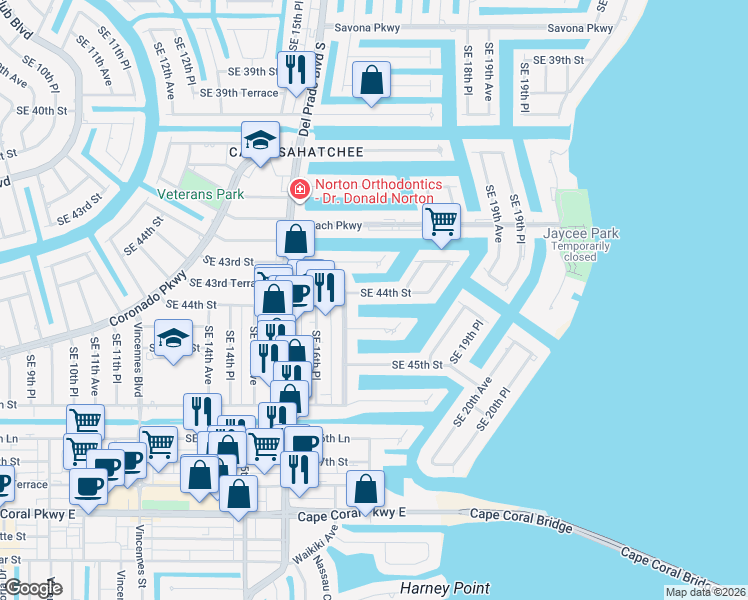 map of restaurants, bars, coffee shops, grocery stores, and more near 1716 Southeast 44th Street in Cape Coral